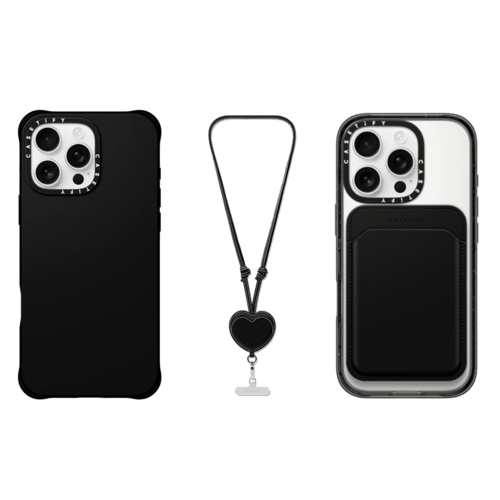 - - 3-in-1 BioVeg Set- iPhone 16 Pro Max (Black) & Snappy Wallet (Black) & Heart Cross-body Strap (Black)