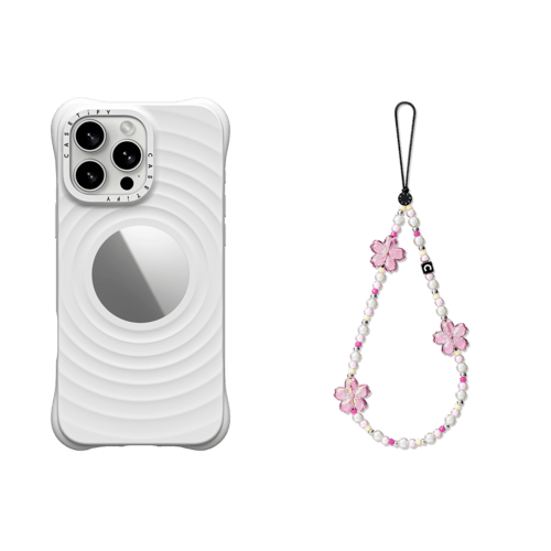 - - 2-in-1 Essentials Garden Set 4 - Ripple Mirror Case - White - iPhone 16 Pro Max& Flower Phone Charm - Cherry Blossom