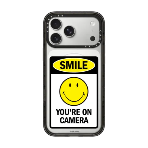 iPhone 17 Pro Max - SMILE! Caution You're On Camera Phone Case - White Print Edition